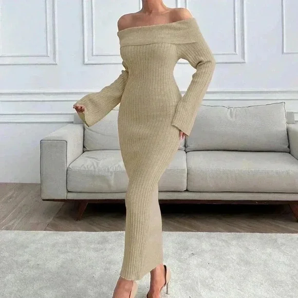 Beige Elegant Women's Off Shoulder Long Sleeve Ribbed Bodycon Knit Sweater Dress - Picture 4 of 6